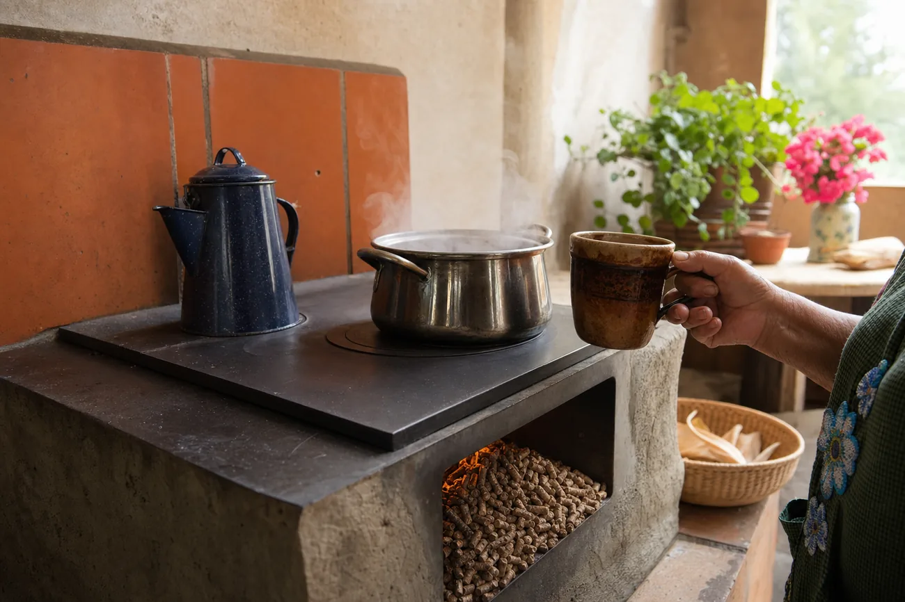 Firepill calentando agua para té y café en una estufa rural eficiente