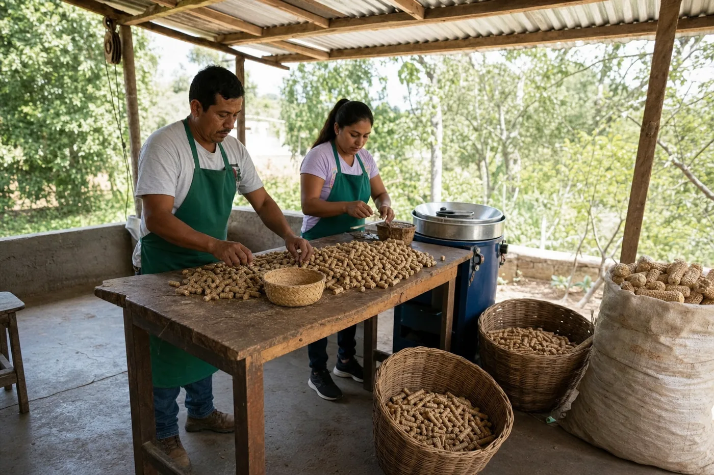 Celda Productiva Firepill: taller sencillo bajo tejadito con mesa de trabajo en una comunidad rural