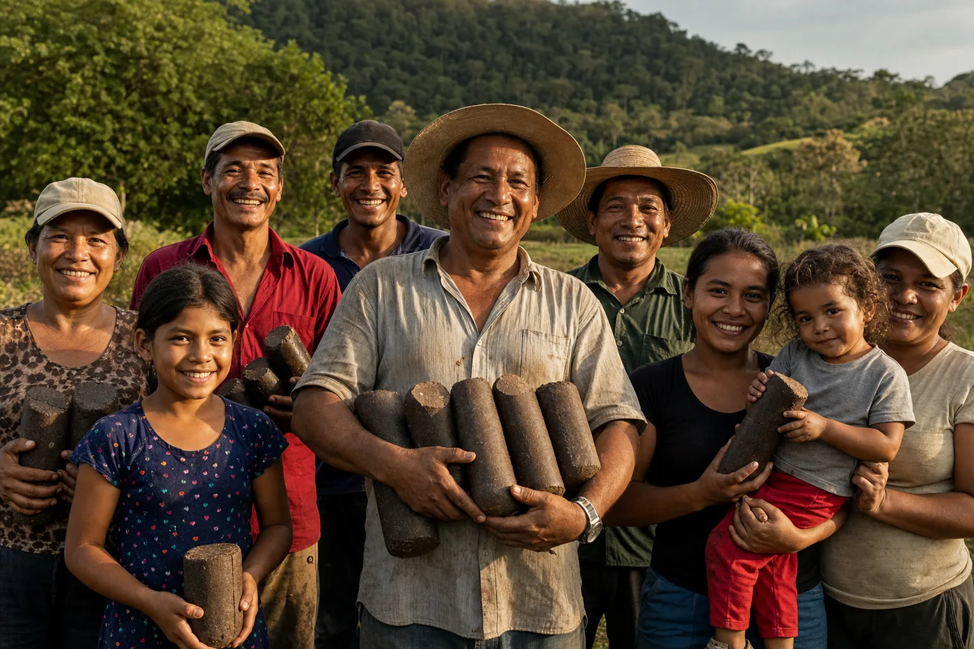 Comunidad rural beneficiada por Fire Pill sosteniendo el combustible ecológico