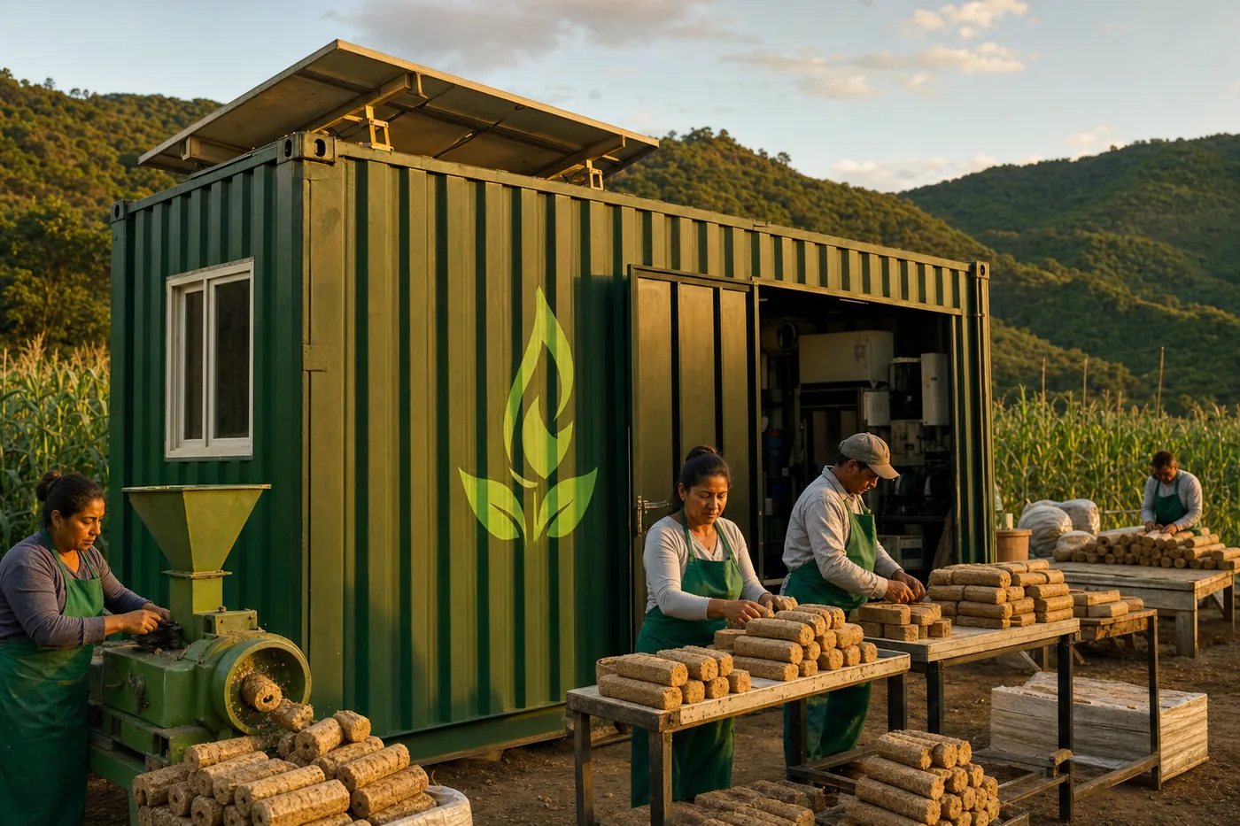 Microfábrica Fire Pill montada dentro de un contenedor de carga reutilizado en una comunidad rural