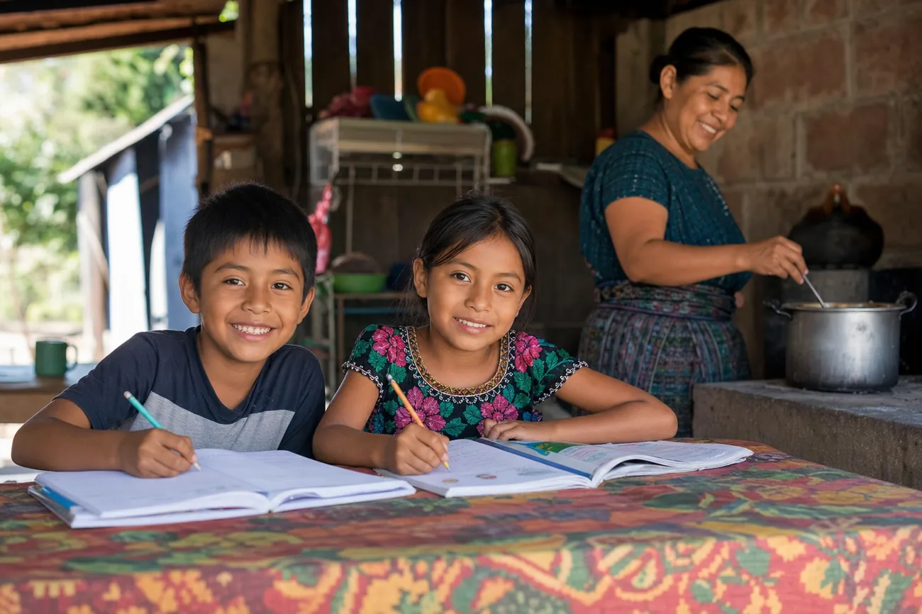 Niñas y niños estudiando en un hogar limpio sin humo gracias a Firepill